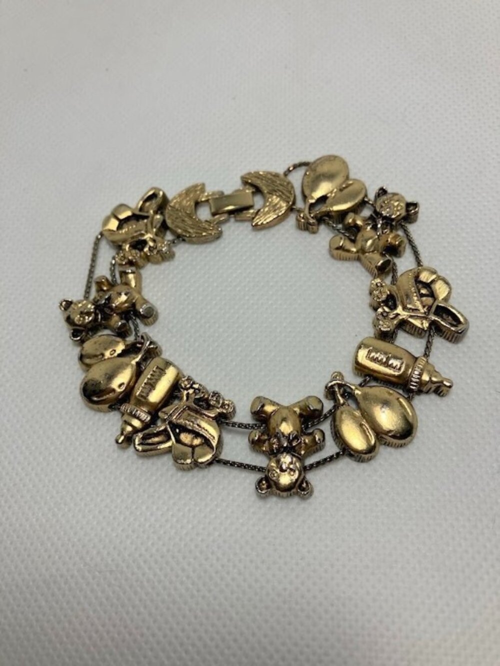 Tofa Vintage Gold Toned Charm Bracelet Baby Nursery Bottle Bear Rattler 1995